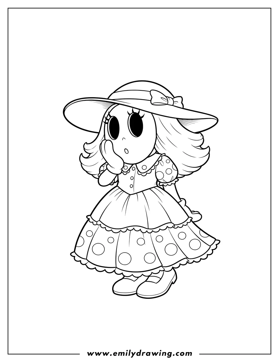Coloring sheet featuring female Shy Guy With Lashes And Dress, wearing a hat, with one hand near her face
