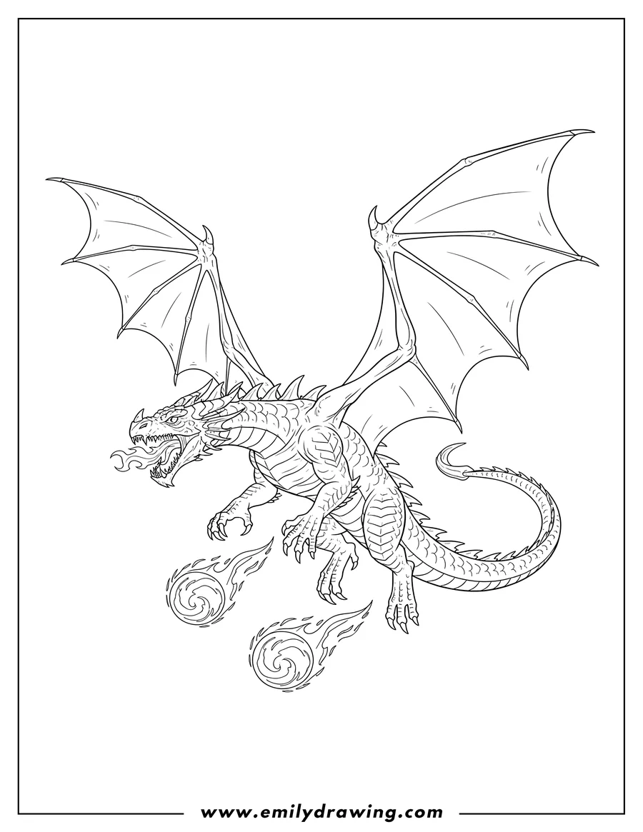 Free to print drawing of fierce Looking Dragon flying with large wings, open mouth, and fireballs to color