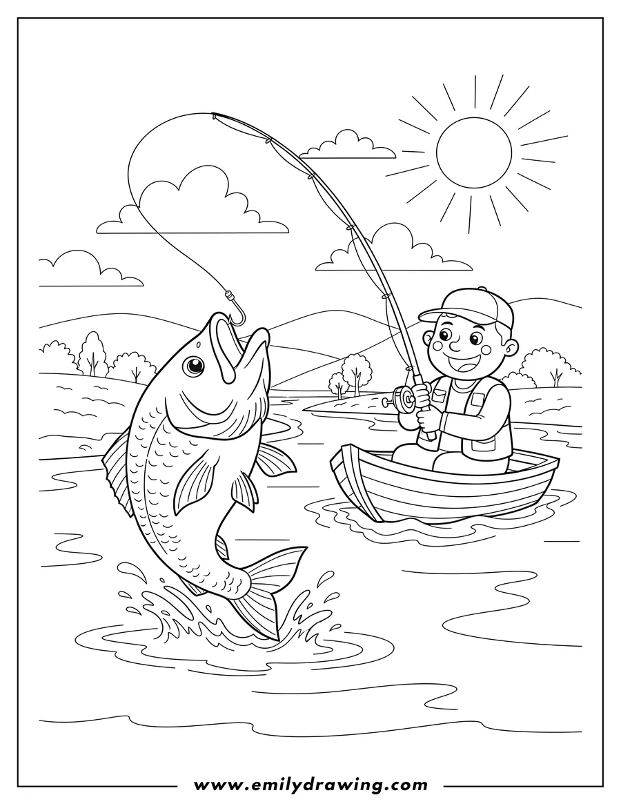 Simple sketch of realistic fish jumping out of the water, hooked on a fishing rod, with a person fishing from a boat to color