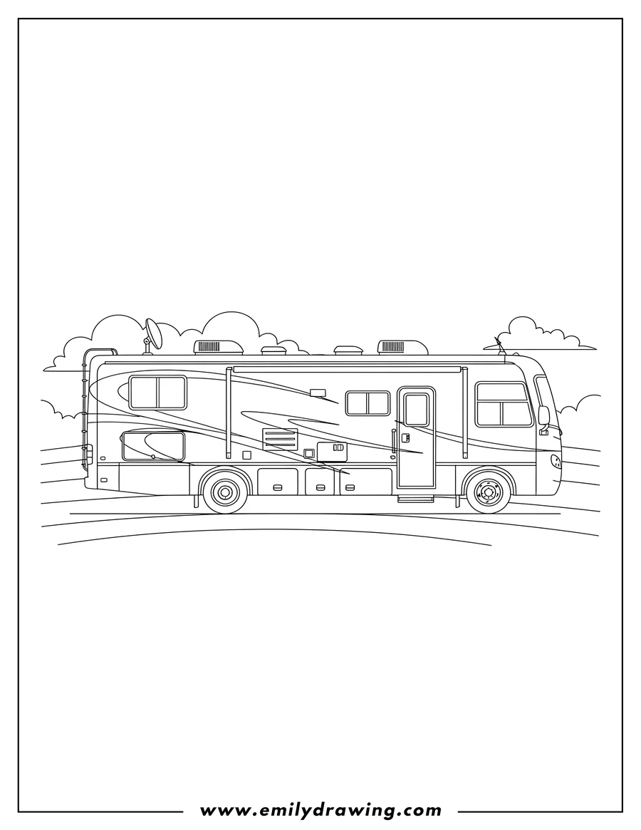 Clean line drawing: realistic Fleetwood RV motorhome, side view