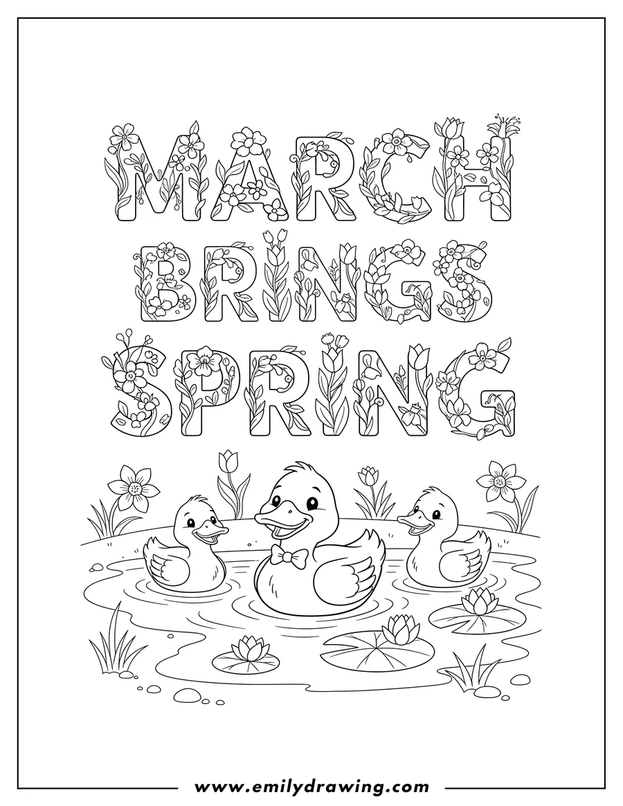 Printable line art of decorative Floral March Brings Spring Words Over Floating Ducks On Pond