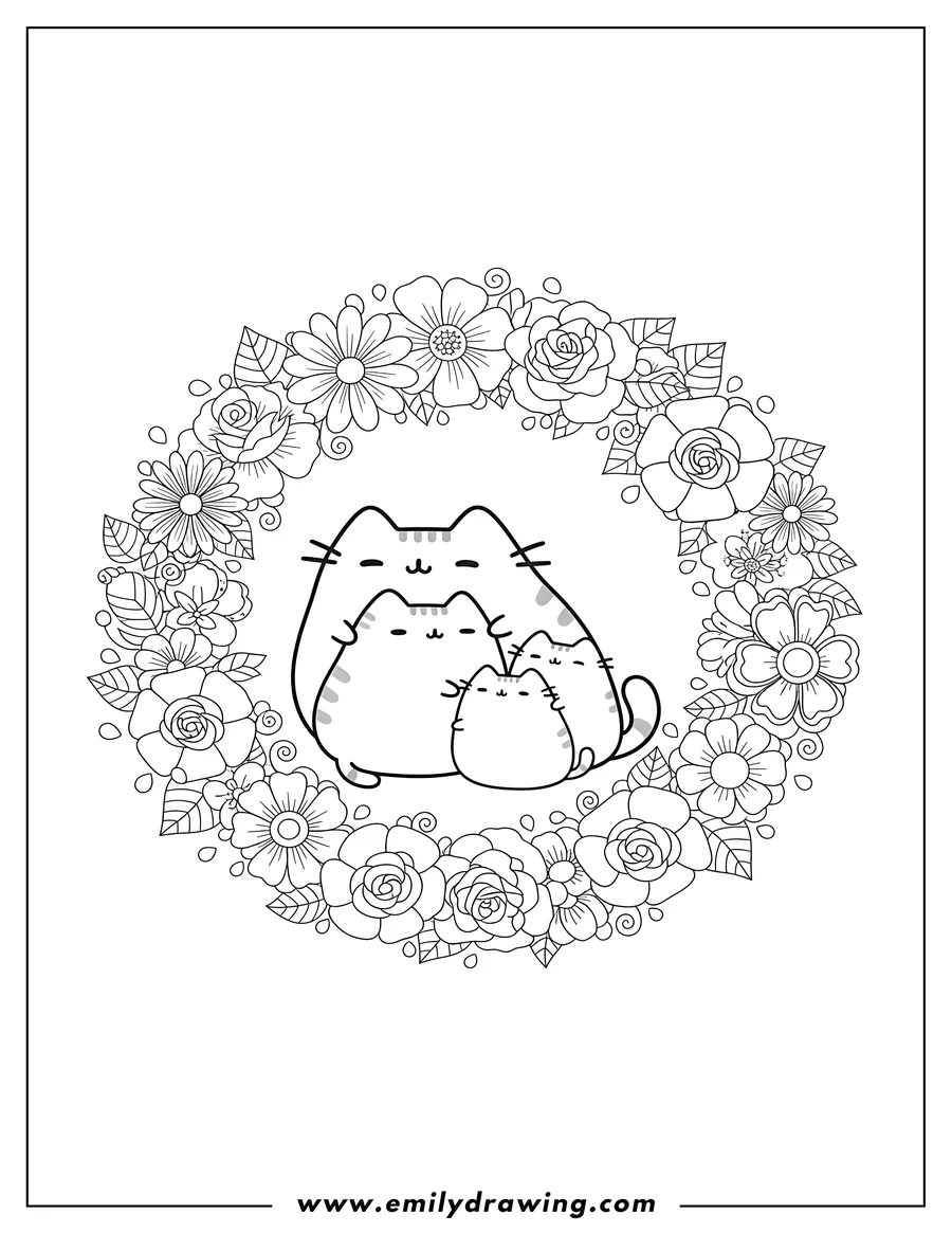 Black and white line art of floral Themed Pusheen Adults Scaled, featuring a family of cats cuddling inside a decorative flower wreath