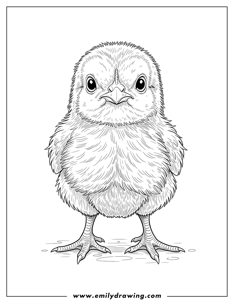 Free to print drawing of realistic fluffy baby chicken standing and looking forward
