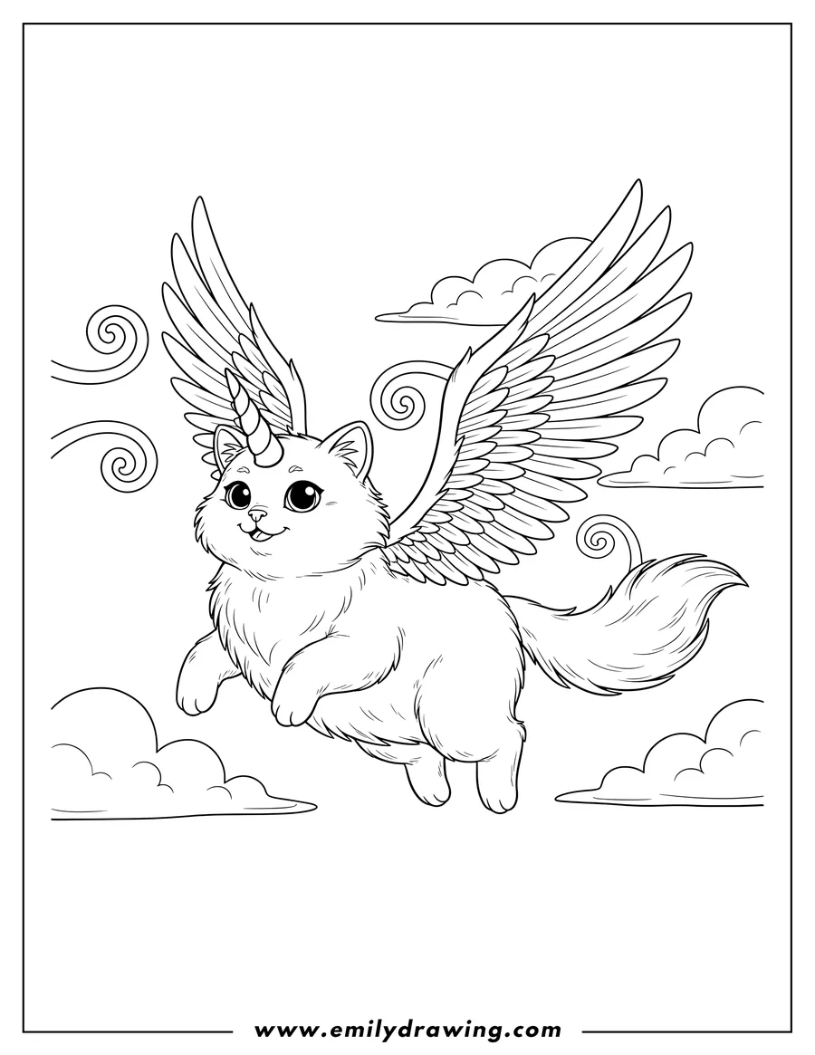 Simple sketch of fluffy unicorn cat with a spiral horn and large feathered wings flying in the sky to color