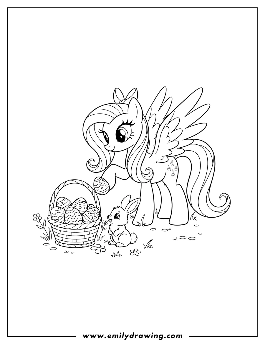 Full page coloring image of fluttershy with wings, offering an Easter egg to a bunny next to a basket of eggs