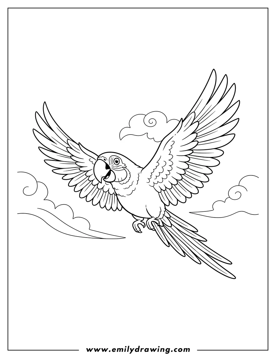 PDF style coloring page: flying Hyacinth Macaw Parrot with wings spread