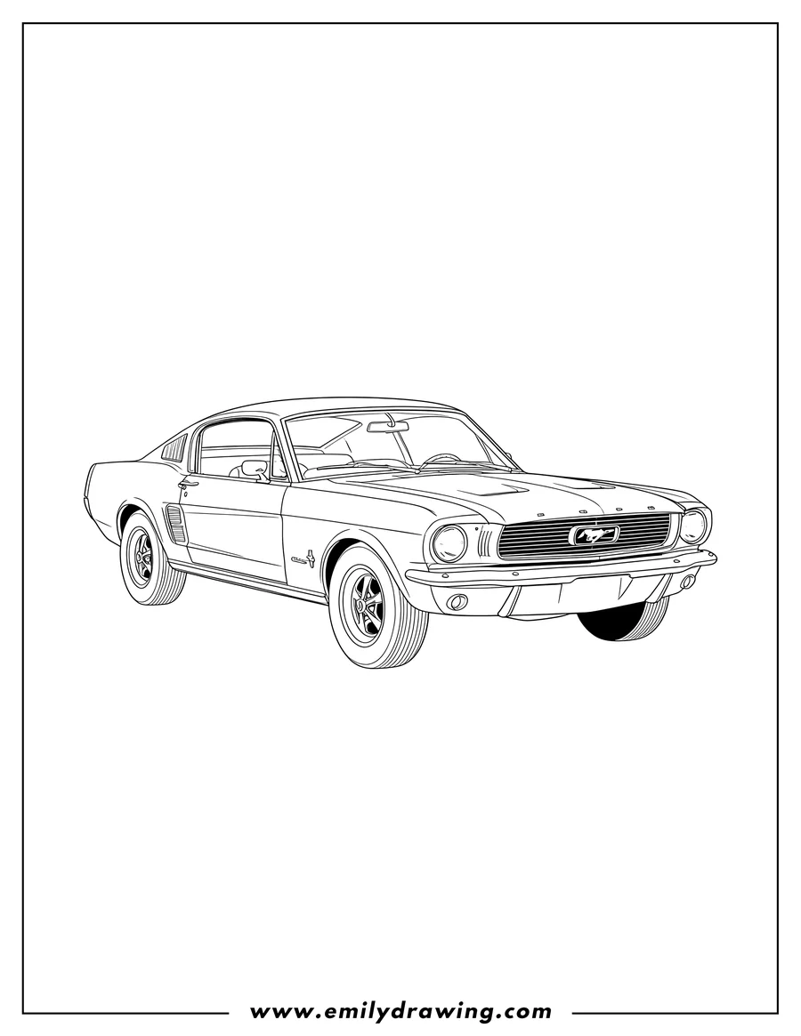 Coloring page for kids: realistic Ford Mustang Gt Fastback, front-quarter view, parked