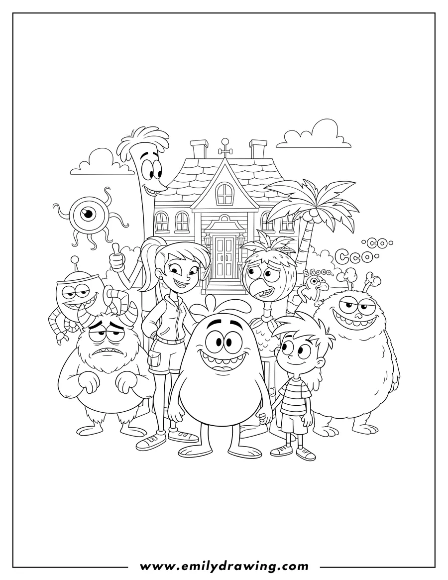 Coloring page for kids: cartoon Network Foster S Home Imaginary Friends with Mac, Bloo, Frankie, and other imaginary friends standing together