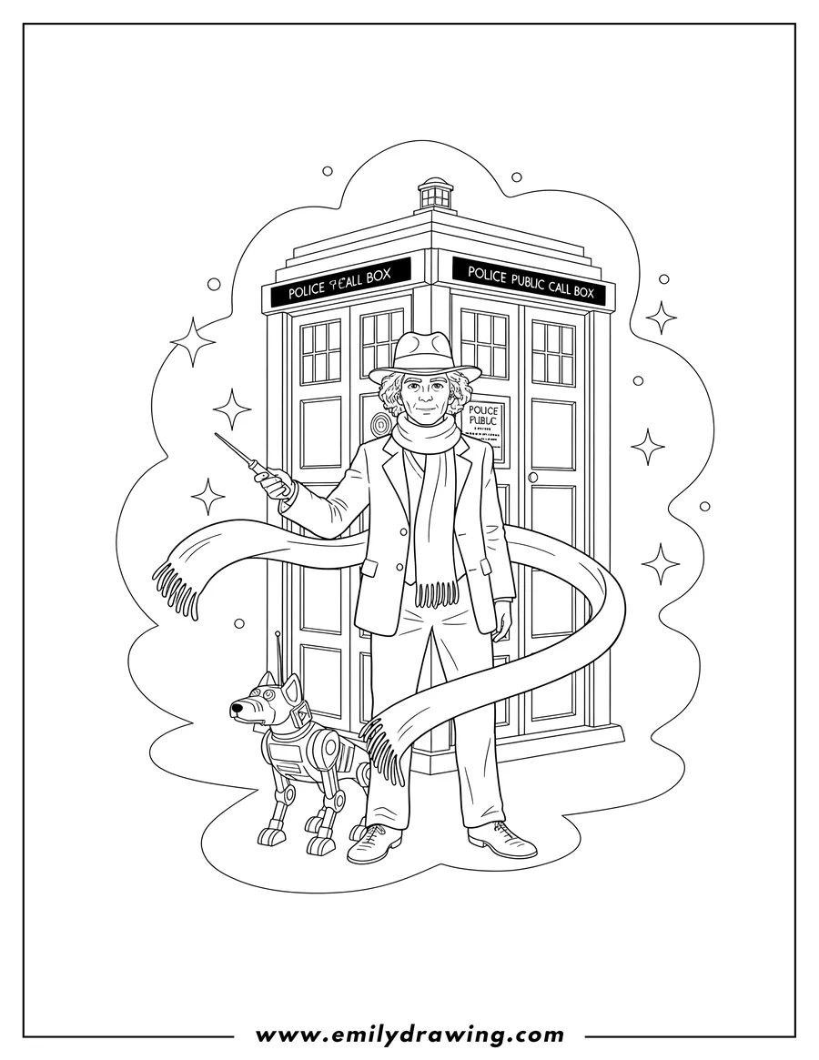 Outline drawing of realistic Fourth Doctor Who holding a sonic screwdriver with K-9 in front of the TARDIS