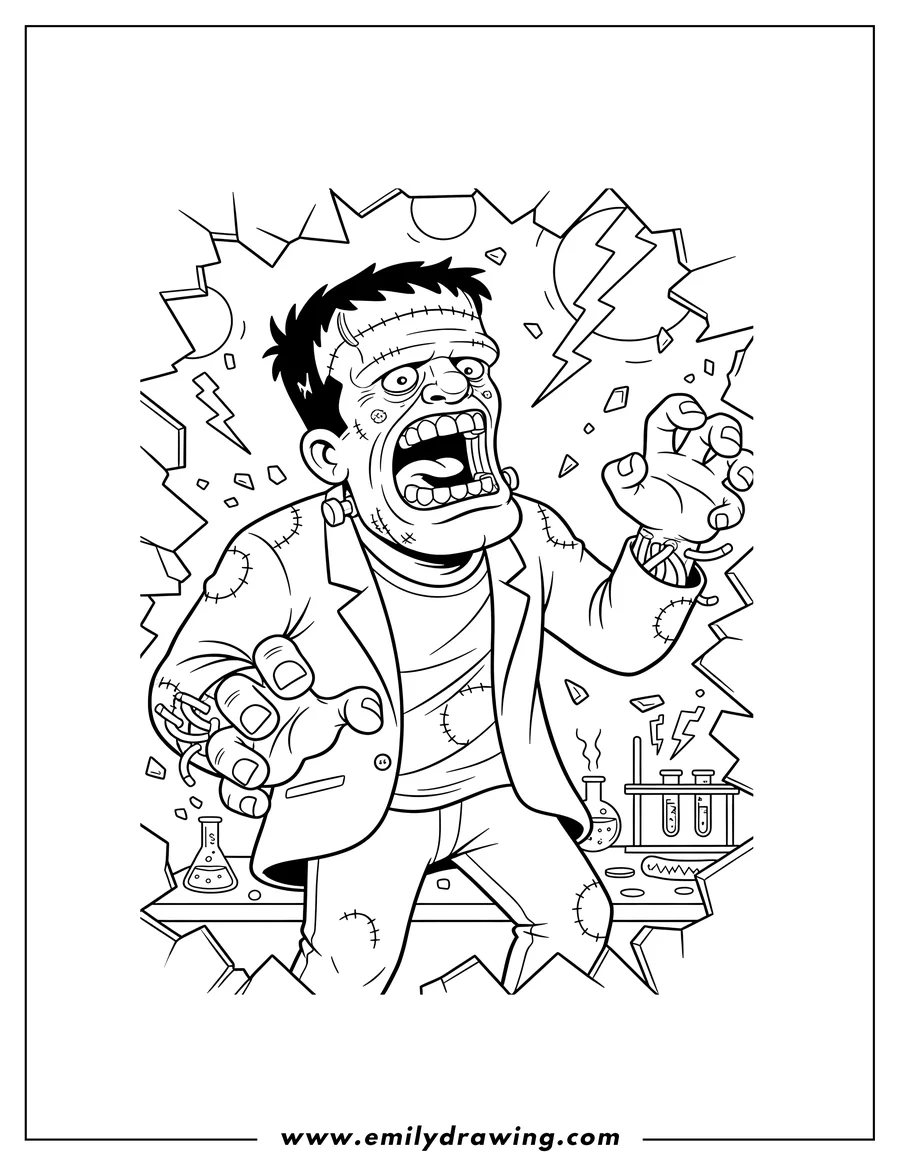Coloring sheet featuring frankenstein roaring and breaking through a laboratory window