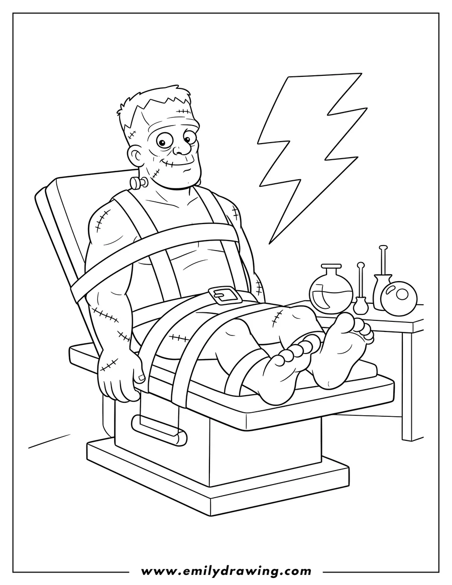 Printable coloring page of frankenstein strapped to a tilted operating table