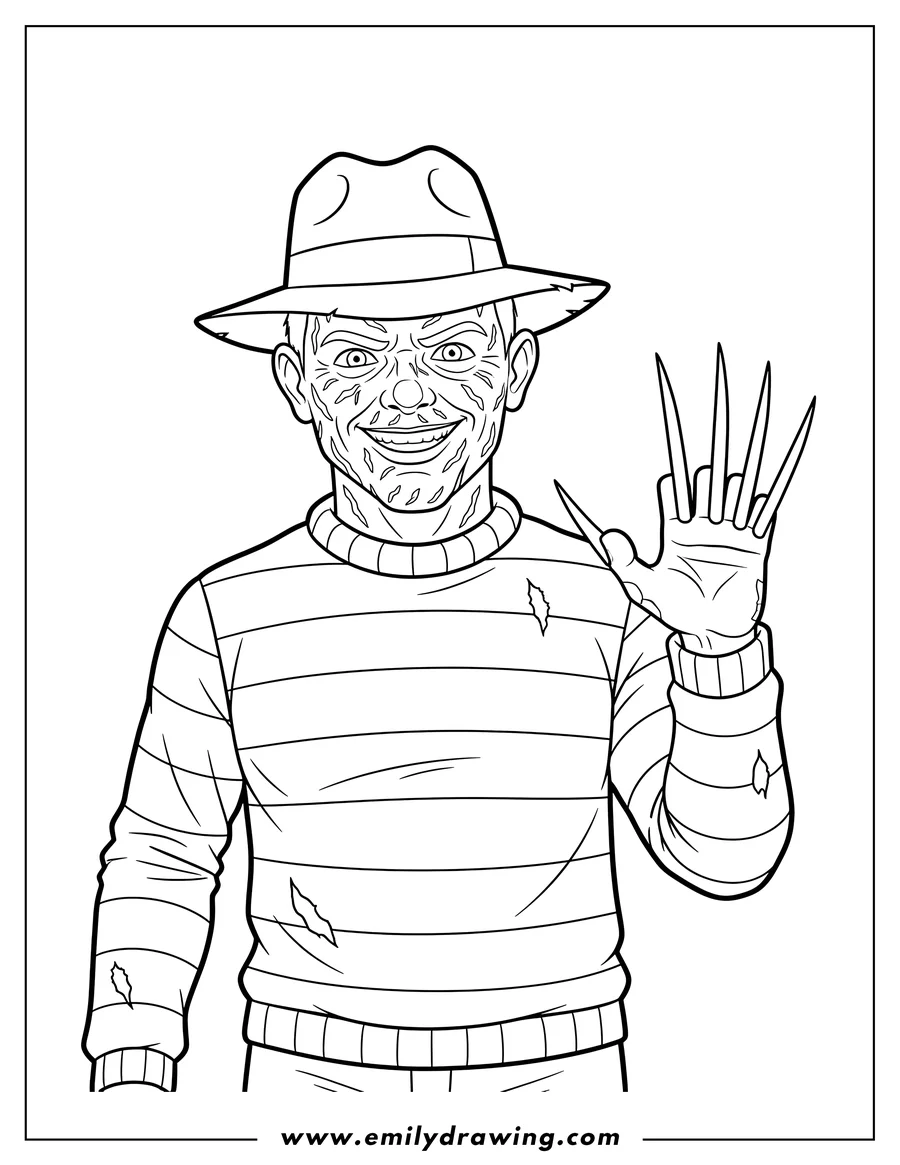 Doodle style coloring picture of freddy Krueger with his fedora, scarred face, and clawed glove