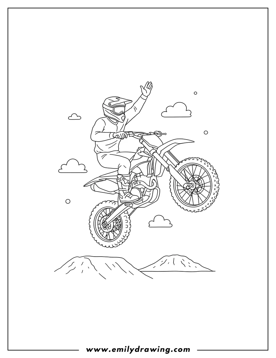 Printable coloring page of freestyle Rider Doing Holy Grab Trick On Dirt Bike, mid-air, with one arm raised