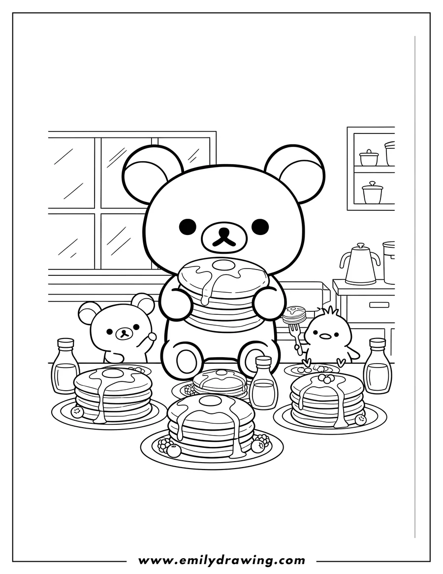 Free to print drawing of rilakkuma, Korilakkuma, and Kiiroitori eating pancakes, with Rilakkuma holding a pancake and Kiiroitori holding a fork