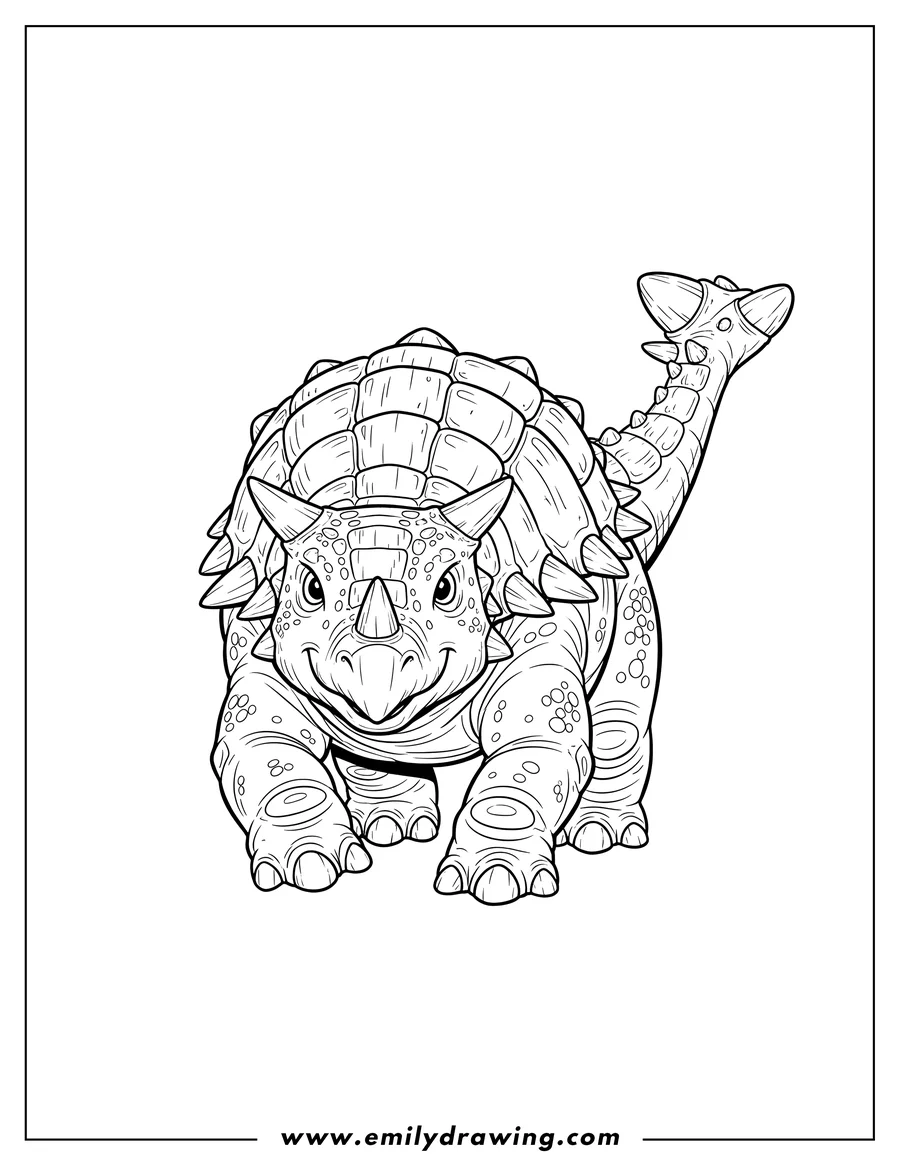 High quality printable realistic Front View Ankylosaurus, walking, with visible armored body and tail club for coloring