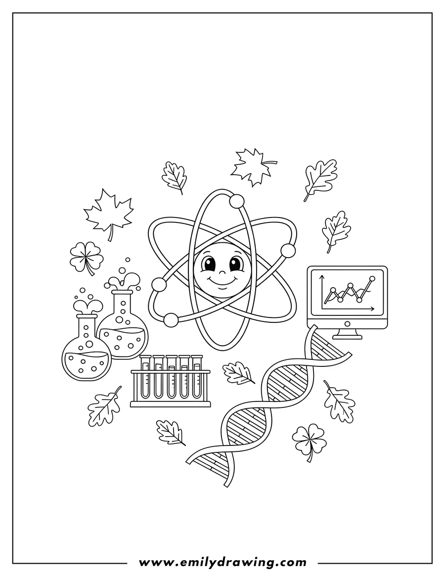 Coloring page of full Scientific Symbols Atom Beakers Test Tubes Computers with graphs, Dna, and scattered leaves
