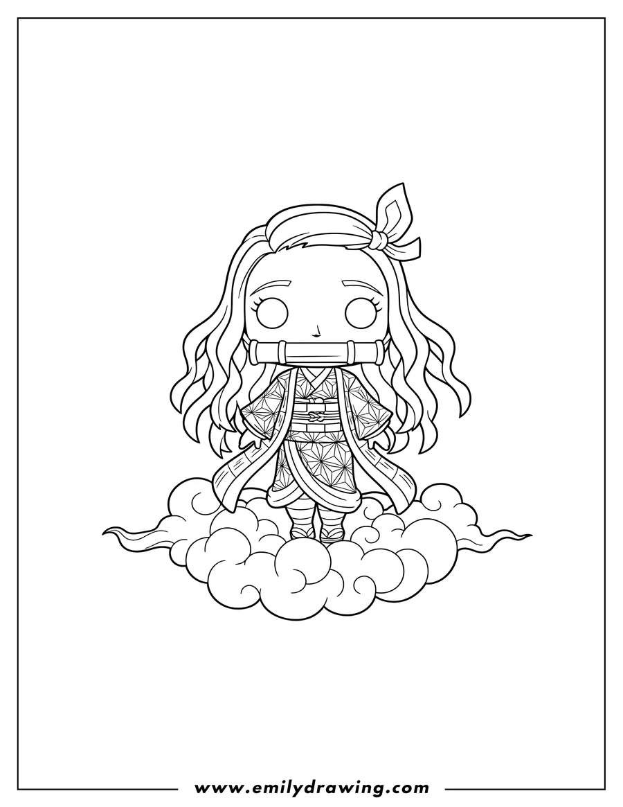 Printable coloring page of funko Pop Nezuko with bamboo muzzle floating on clouds