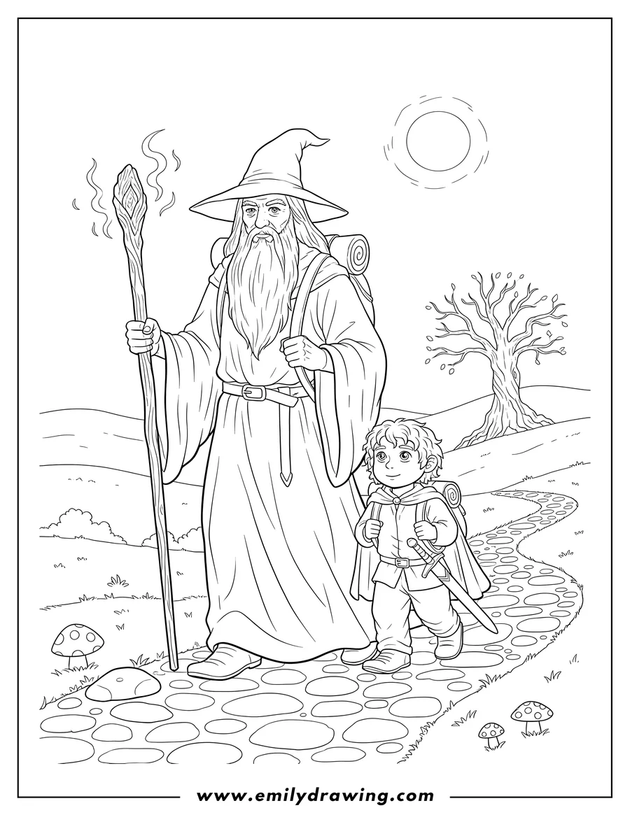 Full page coloring image of realistic Gandalf holding a glowing staff, walking with Frodo looking up at him
