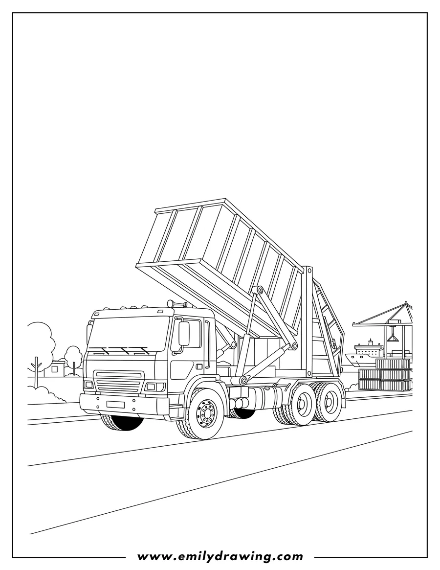 Linear illustration of coloring page of a realistic garbage truck driving on a road next to a port