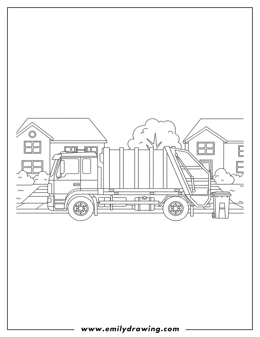 Downloadable coloring page of realistic garbage truck parked, side view, on a suburban street with houses