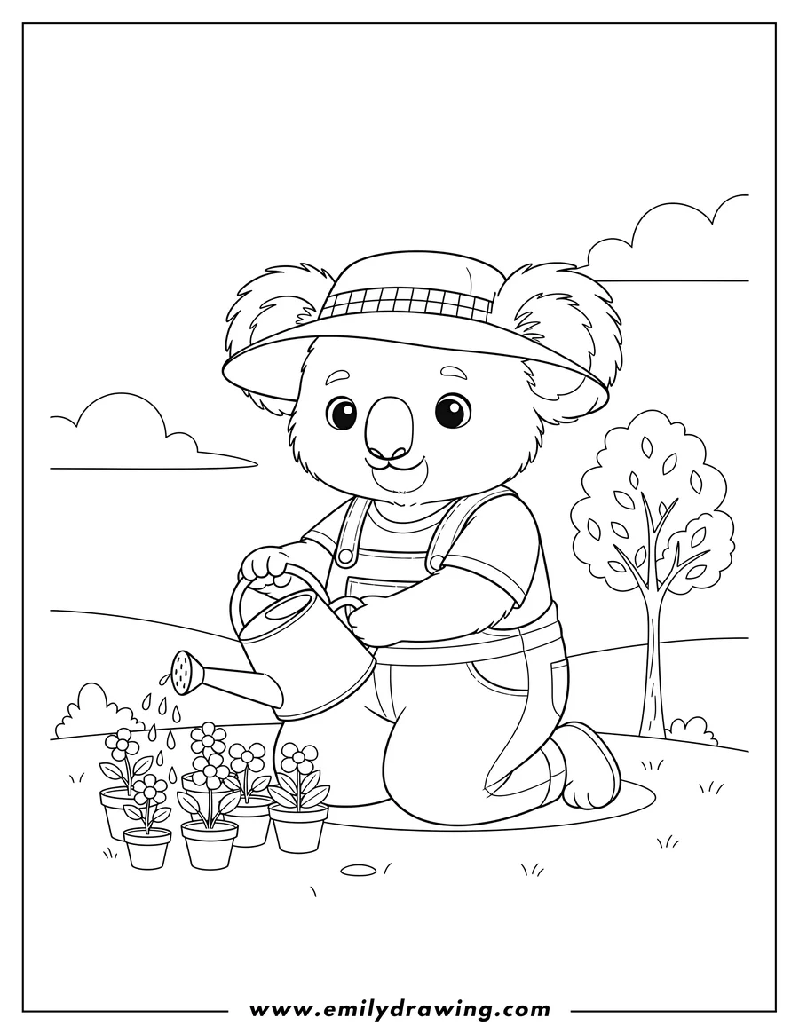 High quality printable gentle Koala in a hat and overalls watering small plants with a watering can for coloring