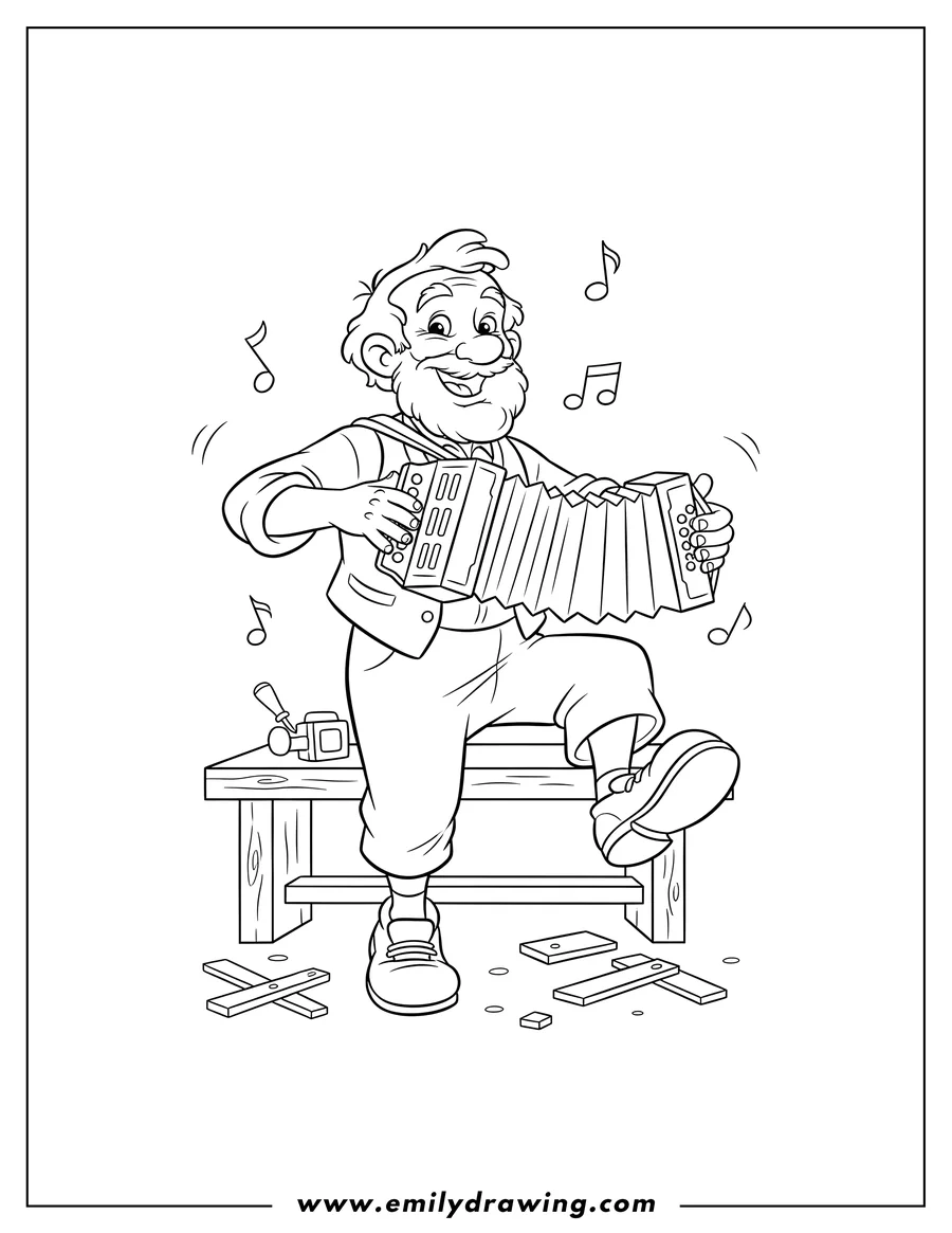 Linear illustration of geppetto smiling and dancing while playing an accordion