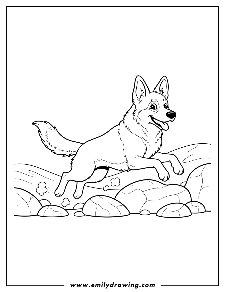 Coloring sheet featuring adult German Shepherd jumping on rocky terrain