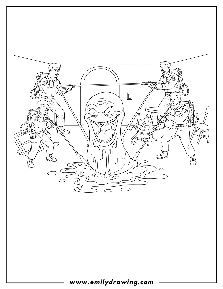 Simple sketch of ghostbusters fighting Slimer with its mouth wide open and dripping goo to color