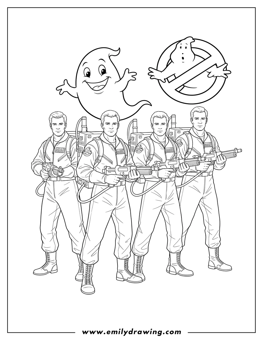 Coloring page for kids: realistic Ghostbusters Stantz, Venkman, Zeddemore, and Spengler, wearing proton packs and holding proton guns, posing with the No Ghost logo and a ghost