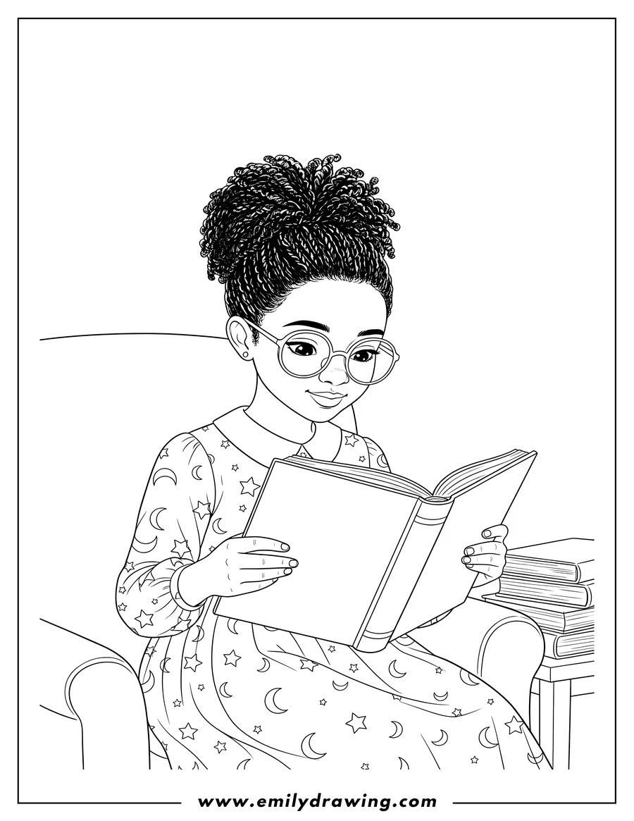 Simple sketch of realistic Black Girl with glasses and a textured updo, holding an open book to color