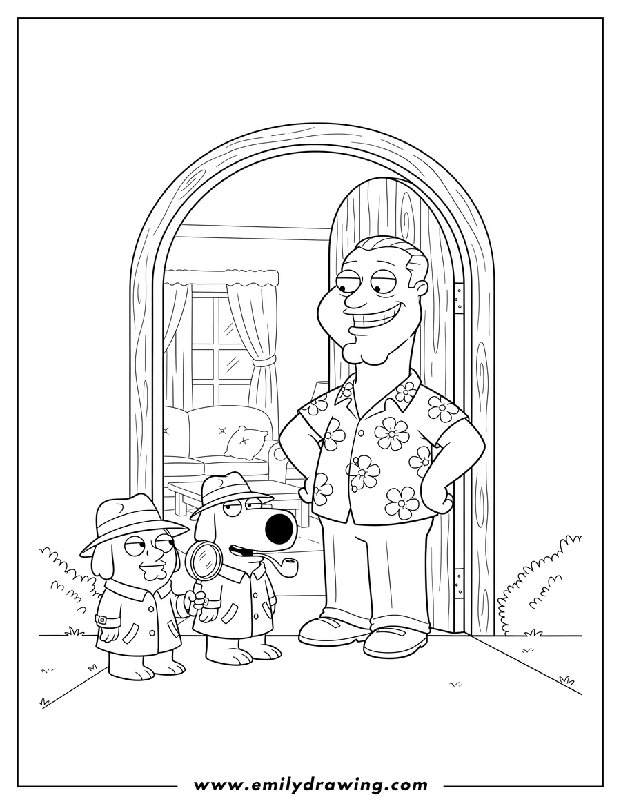 Free printable coloring sheet of glenn Quagmire in his doorway talking to Stewie and Brian, who are dressed as detectives