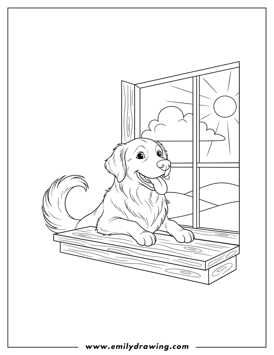 Full page coloring image of golden Retriever smiling with tongue out, paws on windowsill, looking out window