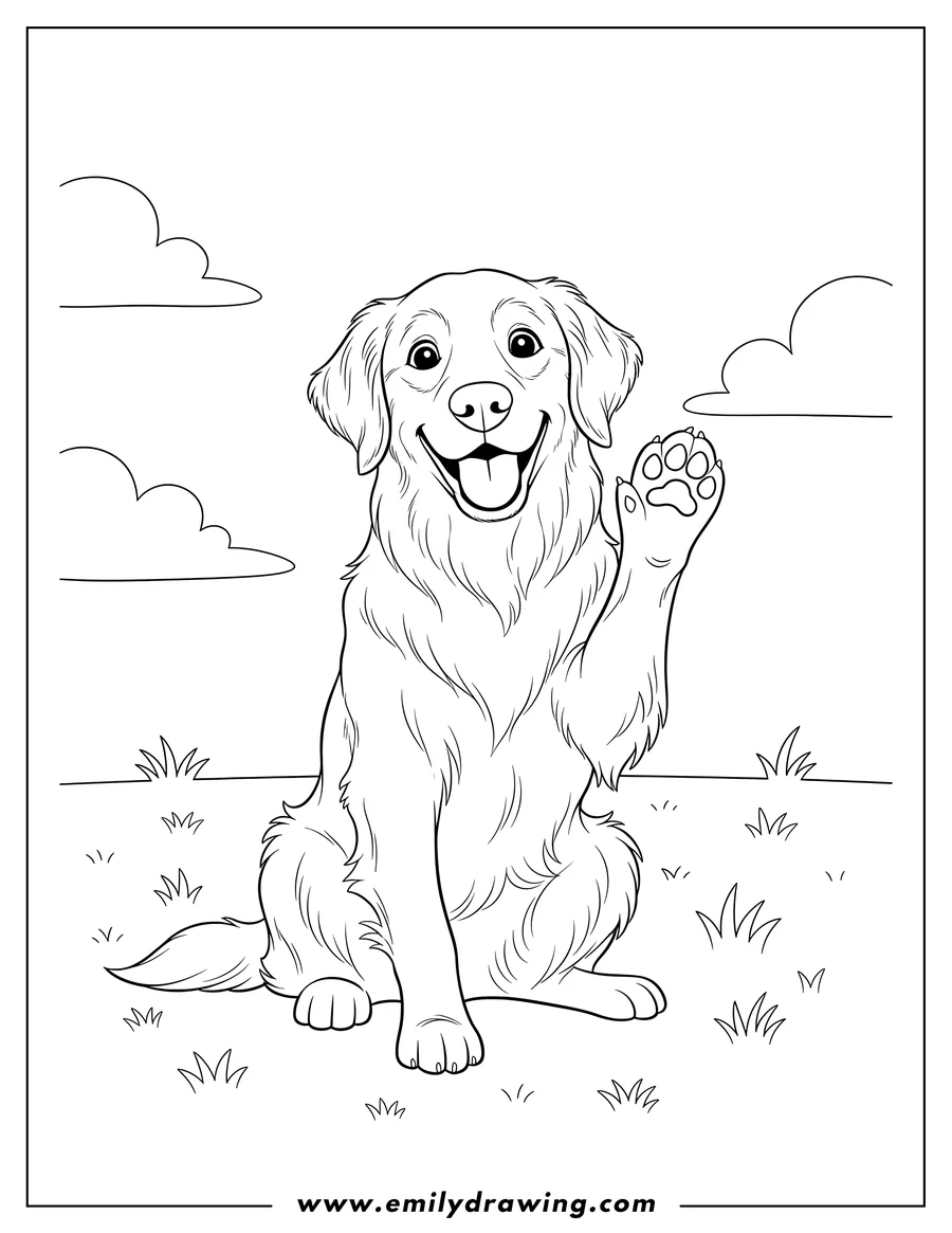 Black and white line art of realistic Golden Retriever sitting and smiling, with one paw waving