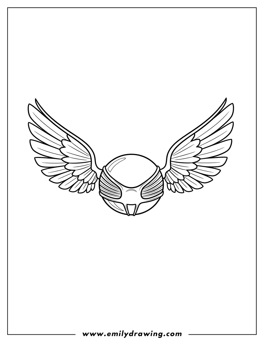 Black and white line art of A Golden Snitch with wings