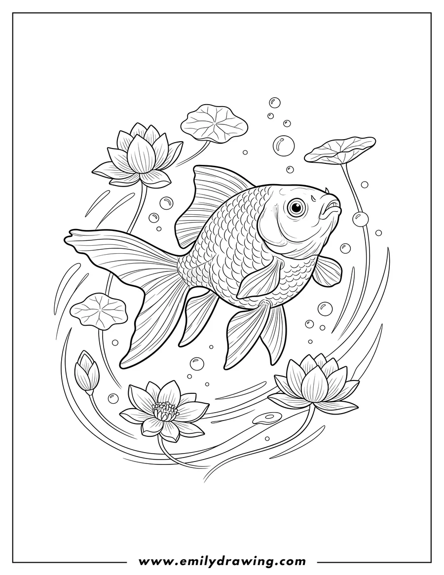 Outline drawing of realistic Goldfish swimming upwards in water with flowers