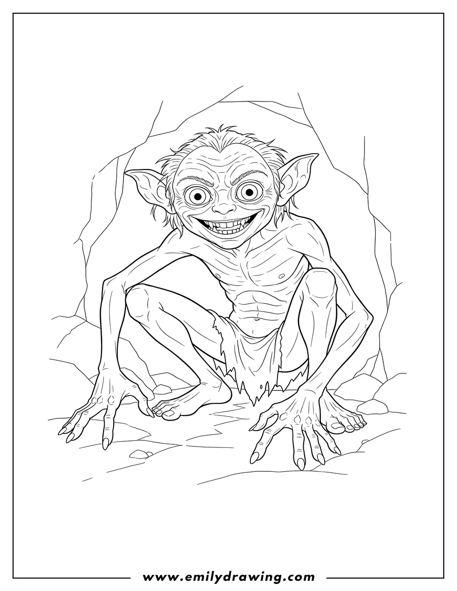 Coloring sheet featuring realistic Lord Rings Gollum crouching and grinning
