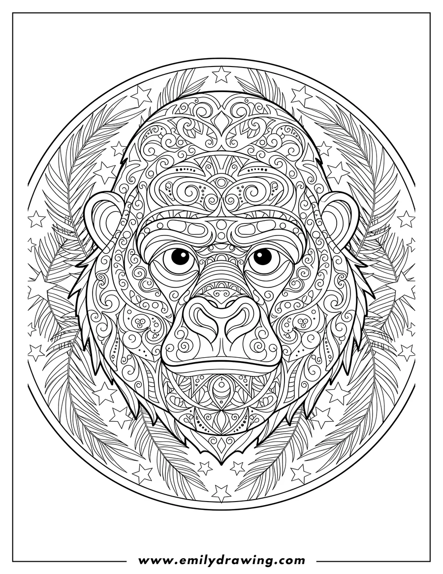 Doodle style coloring picture of realistic Gorilla Head Mandala with Intricate Patterns, framed by Palm Leaves and Stars