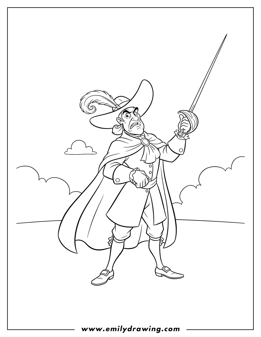 Black and white line art of governor Ratcliffe in a hat and cape, holding a sword
