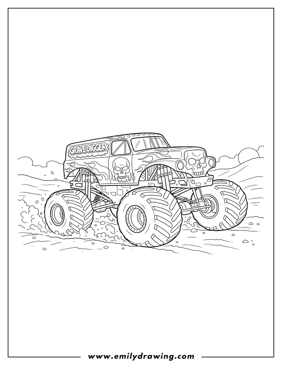 Vector style outline of grave Digger Monster Truck with skull and flame design, driving on a dirt track
