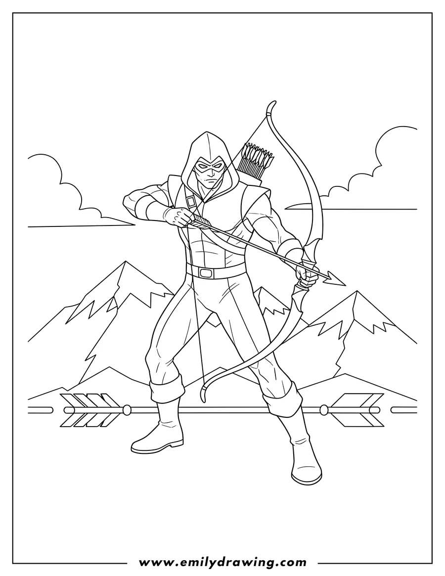 Printable coloring page of green Arrow hooded, holding a bow and arrow in the mountains