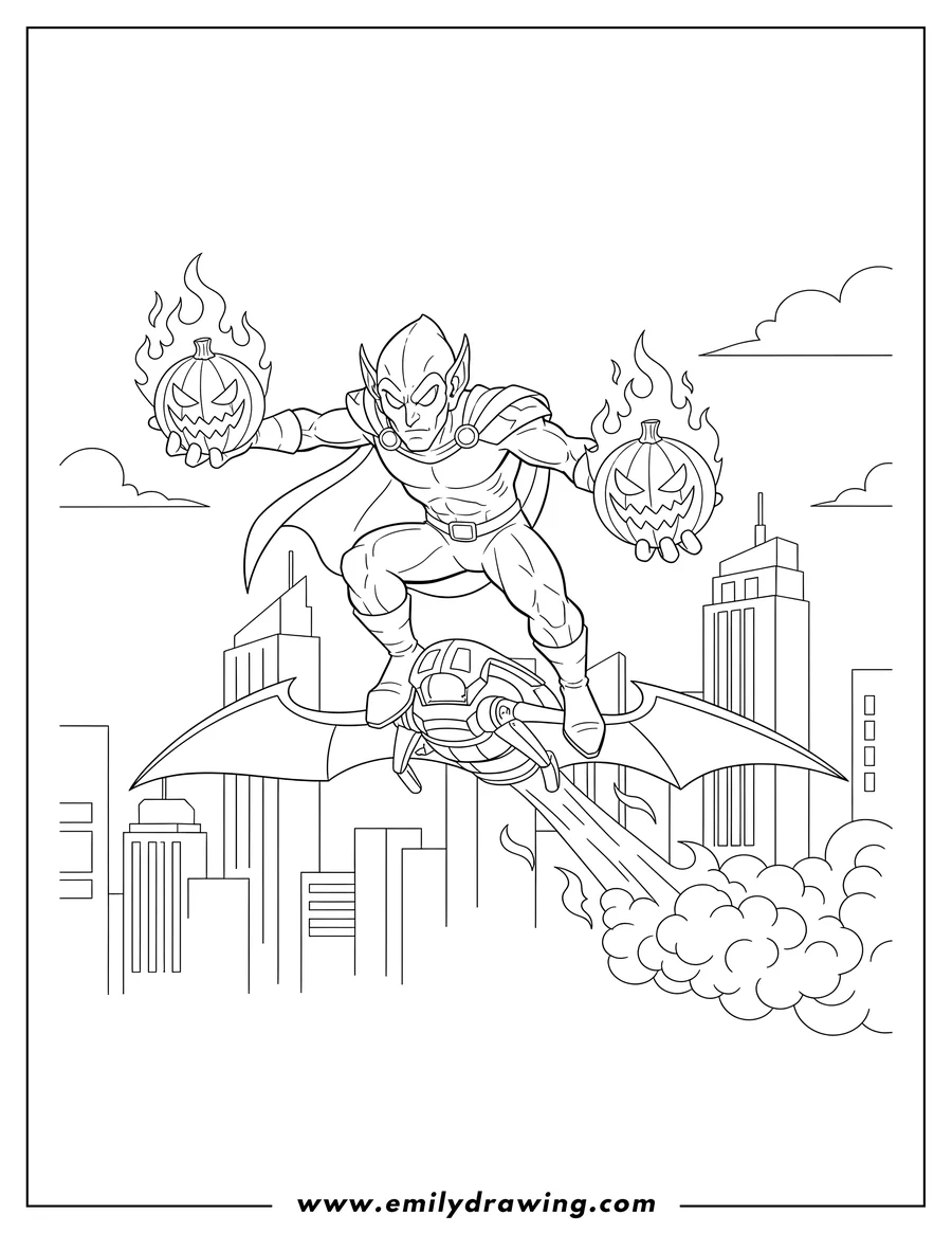 Printable coloring page of realistic Green Goblin flying on his glider with fiery pumpkin bombs