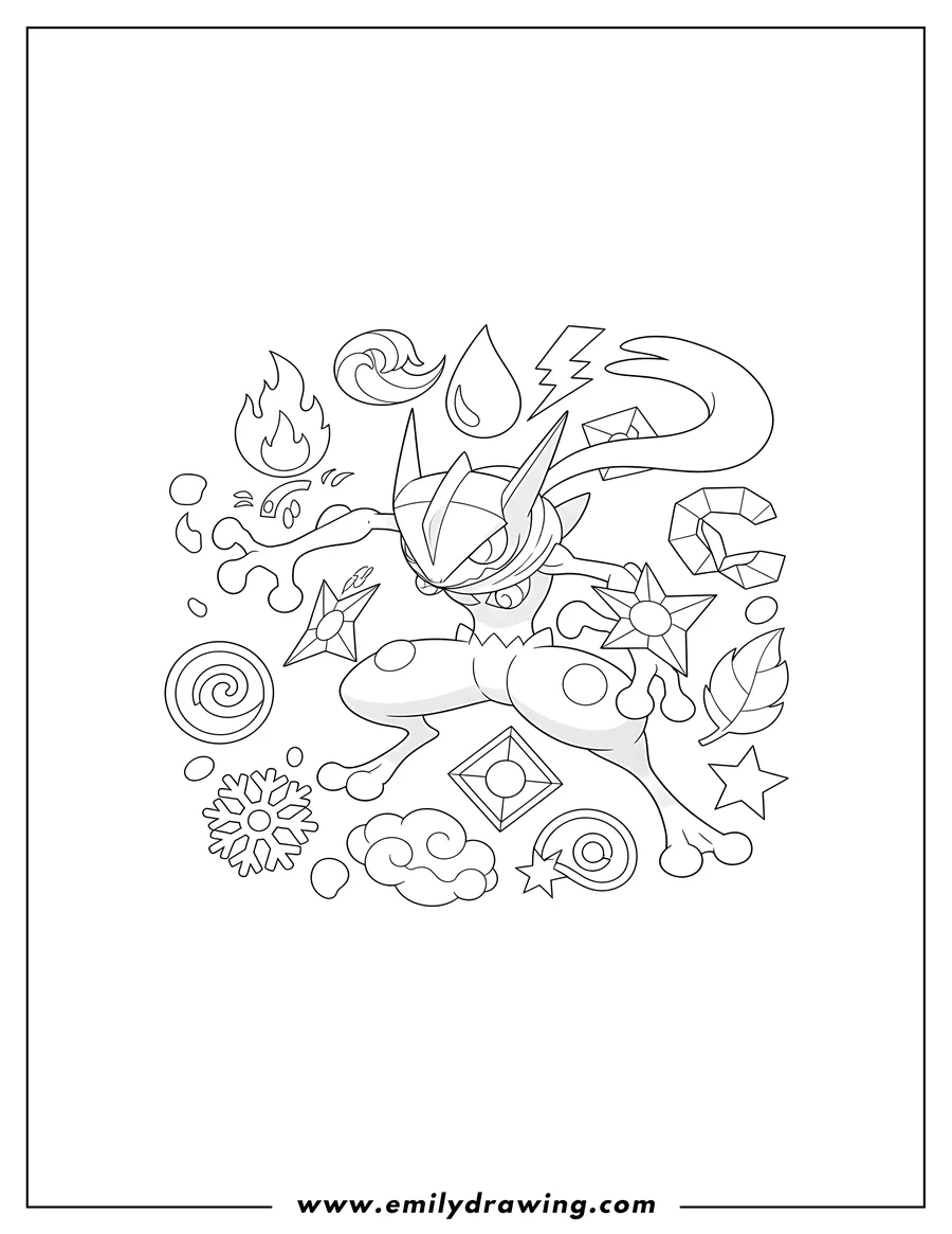 Doodle style coloring picture of greninja in a dynamic pose surrounded by various Pokemon elemental symbols and geometric gems