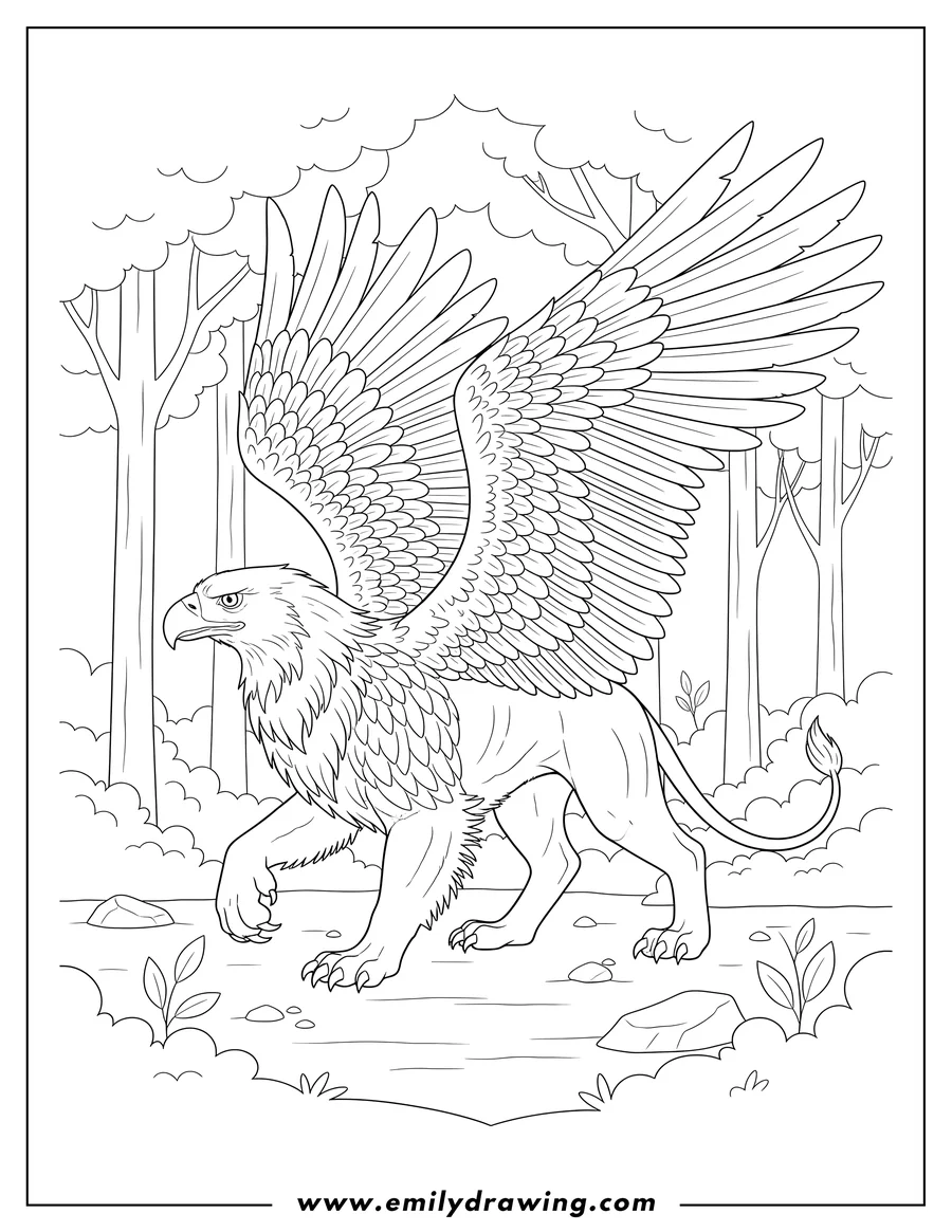 Clean line drawing: realistic Griffin Walking in a Forest with an eagle head and feathered wings