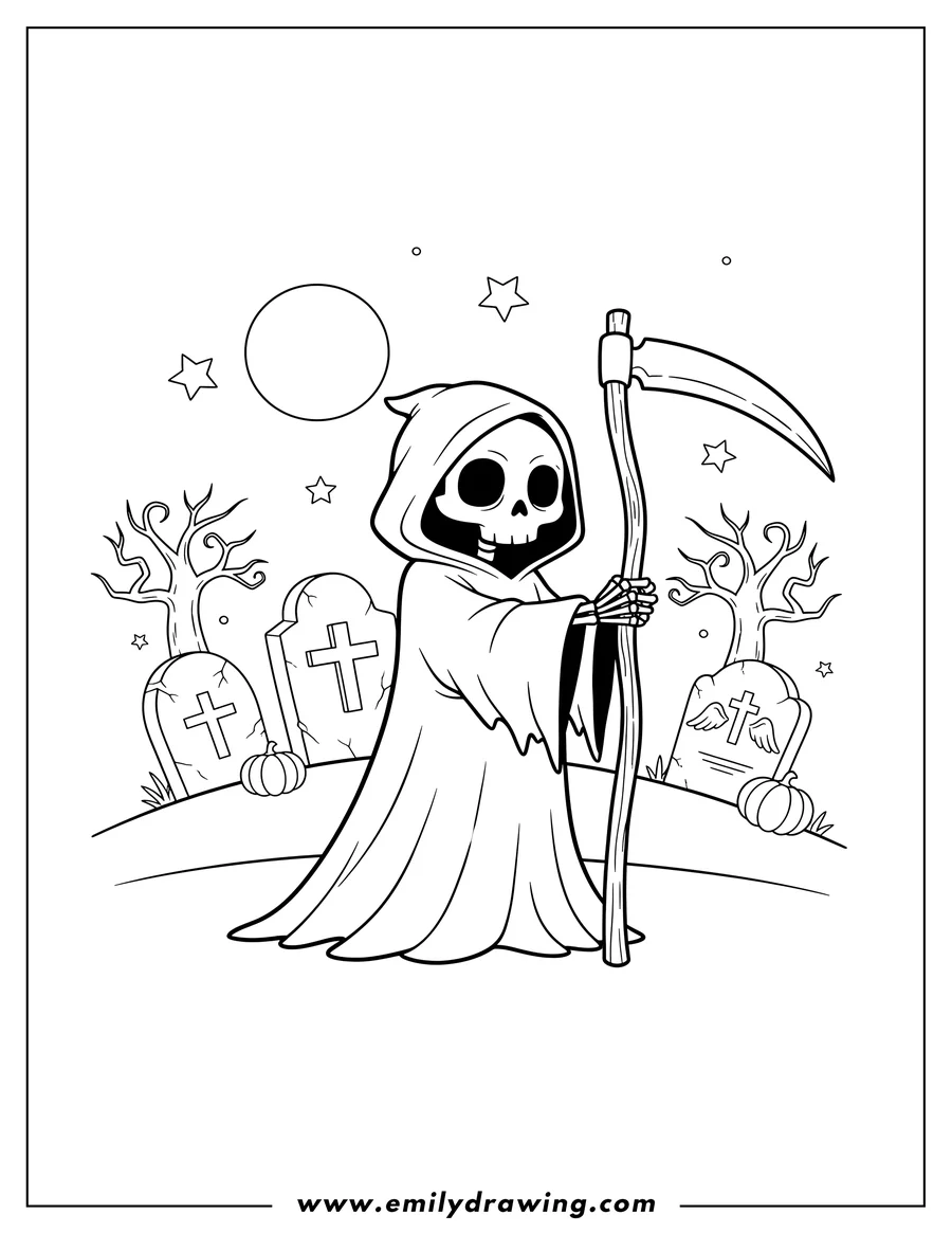 Black and white line art of realistic Grim Reaper holding a scythe in a Graveyard