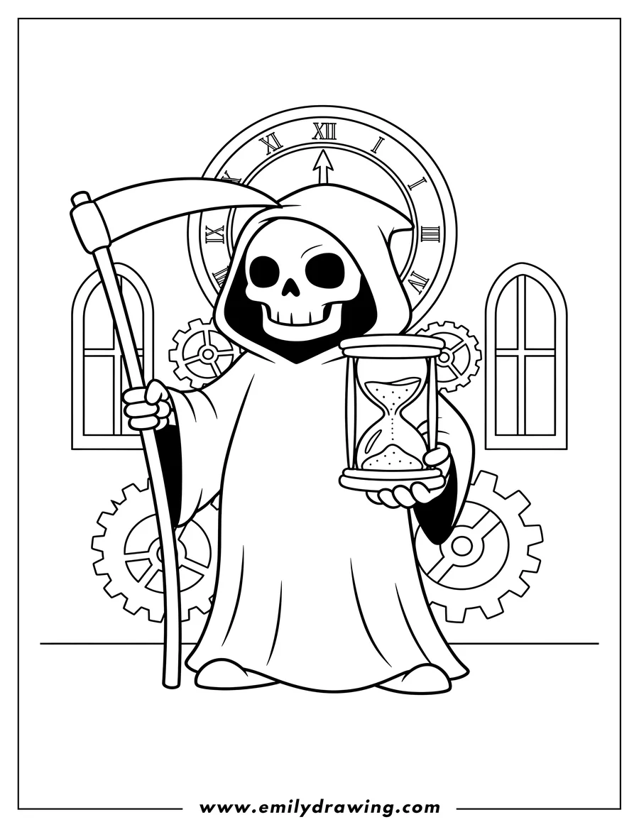 Coloring page for kids: grim Reaper holding an hourglass and a scythe, inside a clocktower