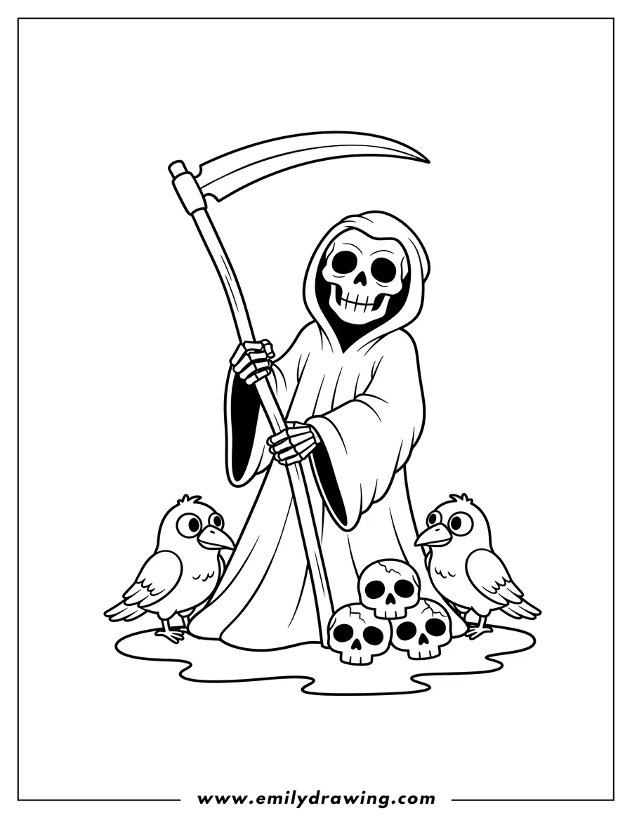 Coloring page of realistic Grim Reaper holding a scythe, with crows and skulls at his feet