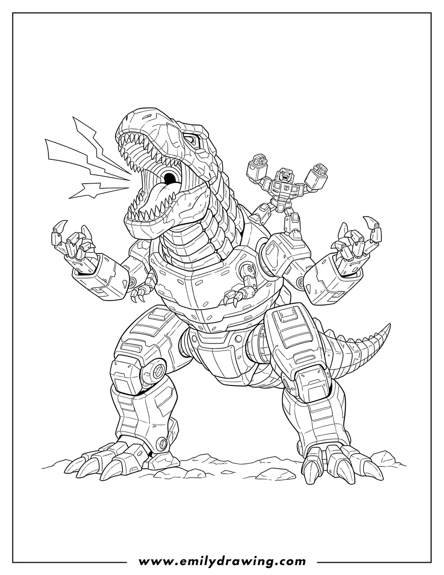 Printable line art of grimlock Transformer Scaled, roaring with a mini robot