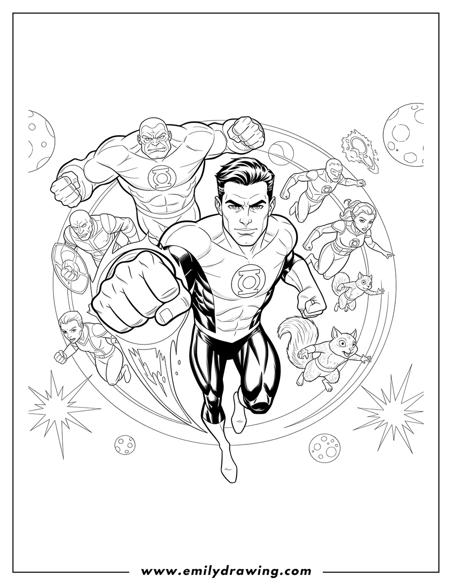 Printable line art of hal Jordan flying with a determined expression and clenched fist, leading the Green Lantern Corps