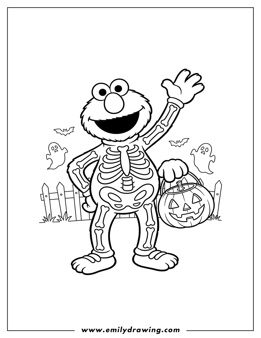Free printable coloring sheet of halloween Elmo in a skeleton costume holding a jack-o'-lantern basket and waving