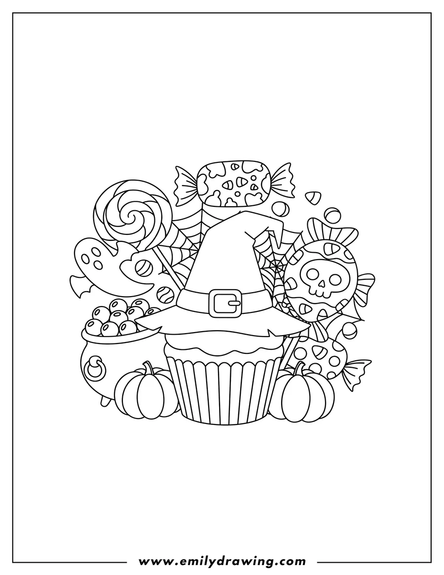 Outline drawing of halloween Themed Candy with a witch hat cupcake and a skull-decorated fish treat